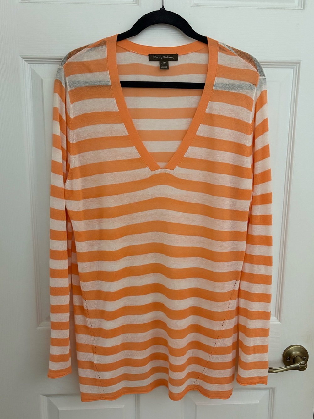 Tommy Bahama Orange and White Striped V-Neck Long Sleeve Top